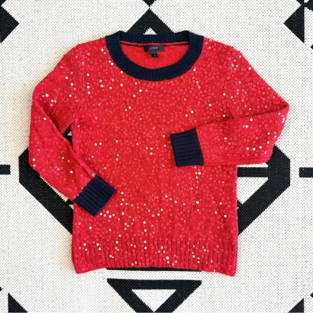 J. Crew Red & Navy Sequin Wool Mohair Blend Crewneck Sweater Small